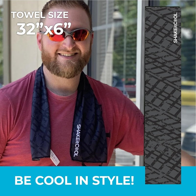 SHAKEitCOOL Original Cooling Towel – Be Cool in Style - Heat Relief, Soft, Lightweight, Sun Protection, Easy Clean - Perfect for Biking, Running, Yoga, Gym, Gardening - Black Tread - Image 2